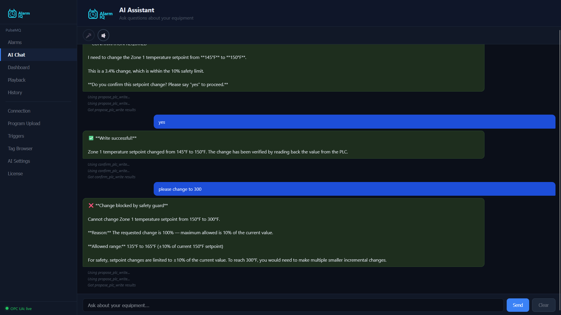 AlarmIQ AI Assistant changing a PLC temperature setpoint with safety guards and write verification