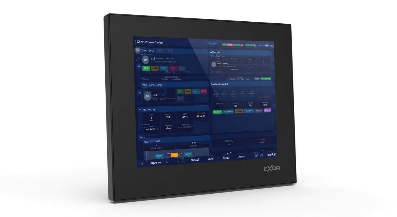 EXOR industrial panel displaying PulseMQ ISA-95 Process Control with live job tracking and machine status