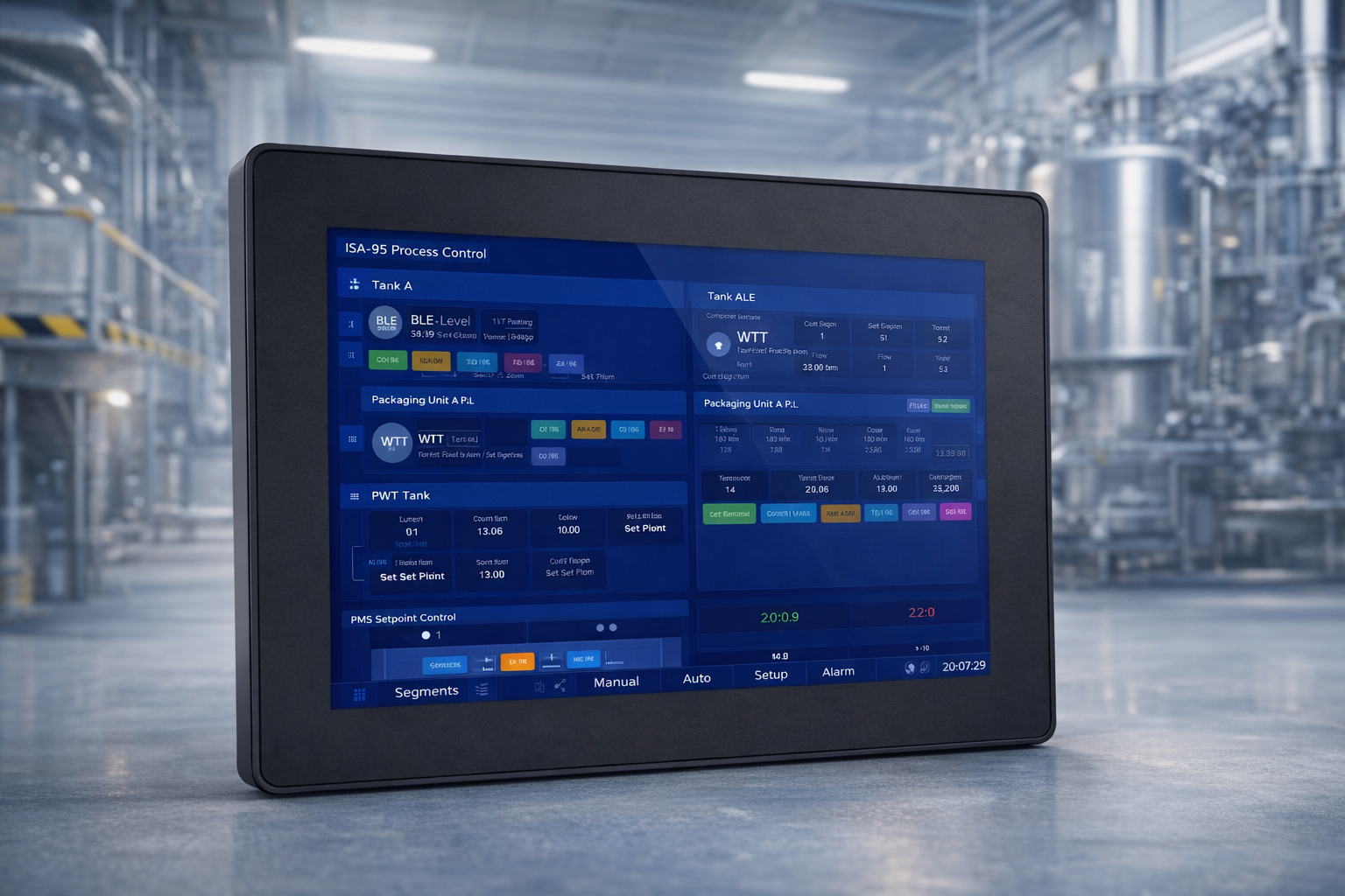 Industrial panel displaying PulseMQ ISA-95 Process Control dashboard with live job tracking and machine status