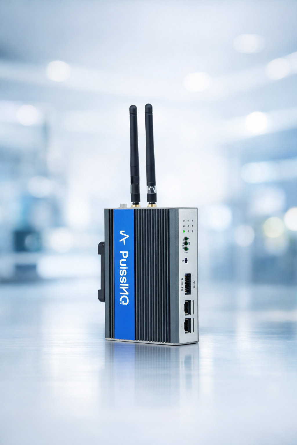 Industrial IoT edge gateway with DIN rail mount, dual antennas, and Ethernet ports